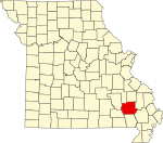 Map of Missouri highlighting Wayne County